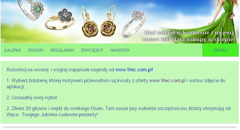Aplikacja w sposób jasny i przejrzysty prezentuje zasady oraz prace konkursowe . Dodanie własnego zgłoszenia jest proste i intuicyjne. 