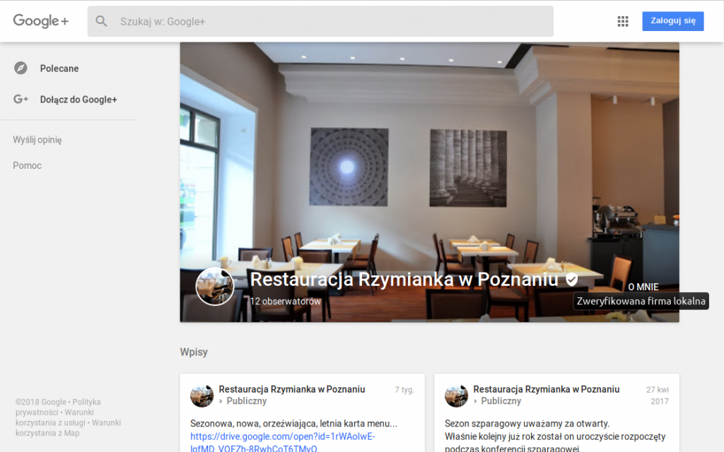 podgląd zweryfikowanej firmy lokalnej w google plus