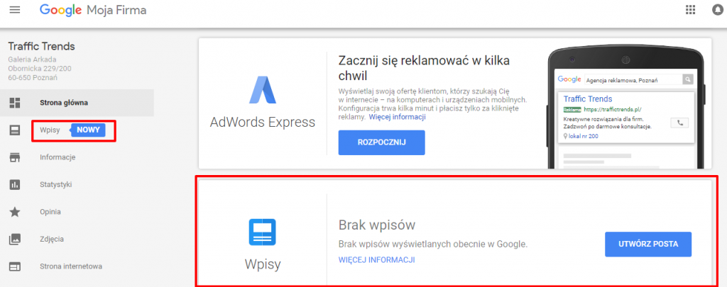 Google Post w Google Moja Firma