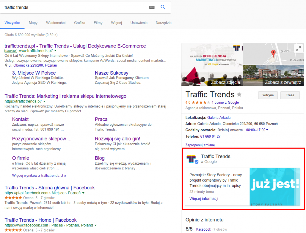 Google Posts w wynikach wyszukiwania